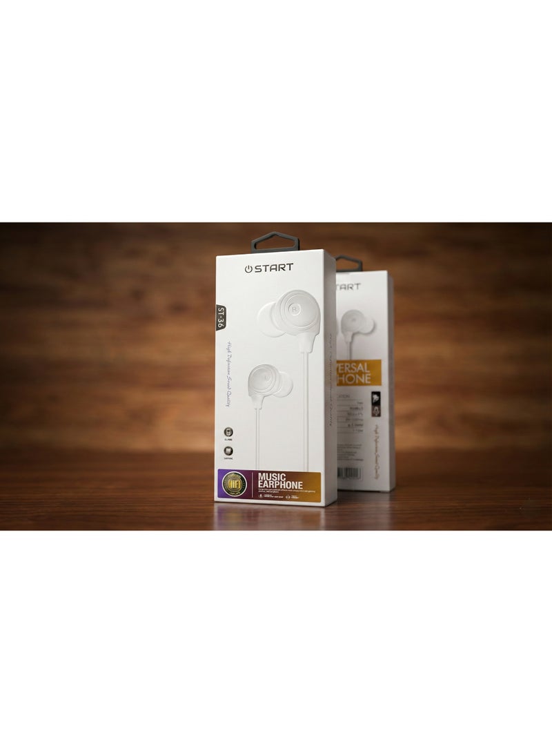 ستارت سماعة أذن سلكية ستيريو ST-36 من ستارت (START) - صوت عالي الدقة (High Definition)، ميكروفون مدمج، لون أبيض نقي، تصميم مريح، منفذ 3.5 ملم - Image 2